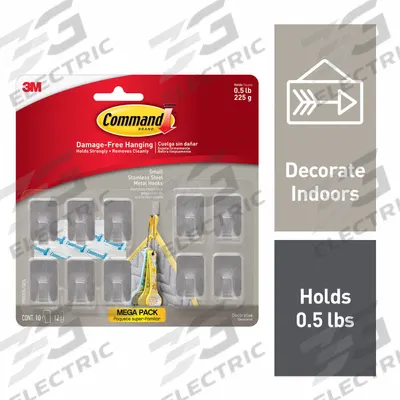 COMMAND Hook: 1/2 lb Wt Capacity, 1 Points per Hook, Stainless Steel, 5/8 in Overall Ht - Indoor Decorative & Utility Adhesive-Backed Hooks