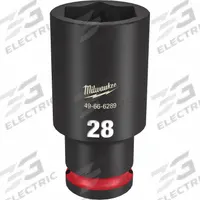 MILWAUKEE Deep Impact Socket: 1/2 in Drive Size, Metric, 28 mm Socket Size, 6-Point, Deep, Friction (MPN 49-66-6289). Key specifications — attr1215501: MILWAUKEE; attr1215515: Black Phosphate; attr1215518: 28 mm.