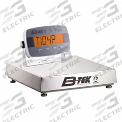 B-TEK Industrial Bench Scale: 18 in x 18 in, IP54, Corded Remote, 500 lb Wt Capacity - Imperial (MPN BT-B-1818C-500-I-2). Key specifications — Connection Ports: RS-232; Readability: 50 g/0.050kg/2 oz/0.1 lb; Brand: B-TEK; Weighing Surface Material: Stainless Steel.