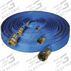 FSI Flat Supply Hose: 3/4 in Thread Size, GHT, Nylon, 10 ft_35 ft_50 ft Hose Lg (MPN F-GH503510). Key specifications — attr511838: Blue; attr511835: FSI; attr511843: Decon Shower; attr511853: Nylon; attr527230: Hose System; attr527236: Waste Water.