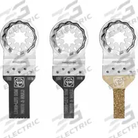 FEIN Oscillating Tool Blade Set: 3 Blades, Straight, Starlock Connection (MPN 35222967090). Key specifications — attr1140173: (1) E-Cut Long Life saw blade 1-3/16 in x 3/8 in; attr1097629: FEIN; attr1097591: Rockwell.
