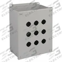 WIEGMANN Push Button Enclosure: 22mm, 9 Holes, Carbon Steel, NEMA 12 (MPN PBGX9). Key specifications — Brand: WIEGMANN; Environments & Applications: Indoor Dust & Water Droplets.
