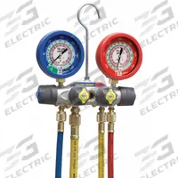 YELLOW JACKET Manifold Gauge: 4 Valves, 4 Hoses, Series Titan, 3 1/8 in Gauge, For R-22/R-410A (MPN 49977). Key specifications — Hose Connection Type: 45° SAE; Product Type: Manifold Gauge Set; For Refrigerant Type: R-410A; Brand: YELLOW JACKET; Gauge Boots: No; Sight Glass: Yes.