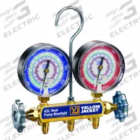 YELLOW JACKET Manifold Gauge: 2 Valves, 0 Hoses, Series Heat Pump Manifold, 3 1/8 in Gauge (MPN 42045). Key specifications — Hose Connection Type: SAE; Product Type: Single Manifold Gauge; For Refrigerant Type: R-32; Brand: YELLOW JACKET; Gauge Boots: No; Sight Glass: No.