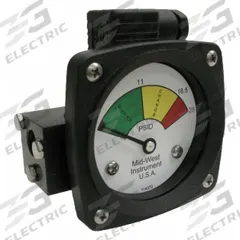 MIDWEST INSTRUMENT 3-Color Differential Pressure Indicator: 1,000 psig Max. Static Pressure, 522 (MPN 522A-025-LE). Key specifications — Brand: MIDWEST INSTRUMENT; Accuracy: ±5% of Full Scale; Sensor Material: Buna-N; Housing Material: Aluminum; Transition Points: 0 psid to 11 psid (Green) / 11 psid to 18.5 psid (Yellow) / 18.5 psid to 25 psid (Red).