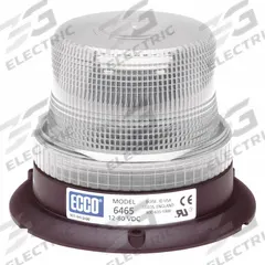 ECCO Beacon Light: Flashing Beacon, White, 3 7/8 in Overall Ht, LED, 12-80V DC (MPN 6465C). Key specifications — Operating Voltage: 12-80V DC; Number of Flash Patterns: 80 FPMx8; Includes: Gasket; Electrical Connection: Blunt Cut Wires; Mount Type: Bolt; Brand: ECCO; Shape: Round; Lighting SAE Class Rating: SAE Class 3.