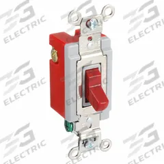 HUBBELL Wall Switch: Toggle Switch, 3-Way, Maintained, Red, 120/277V AC, 20 A (MPN HBL1223R). Key specifications — Illuminated: No; Voltage Rating: 120/277V AC.