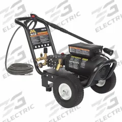 MI-T-M Electric Pressure Washer: Cart, 120 V – Single-Phase, 1,500 psi, 2 gpm, 2 hp (MPN JP-1502-4ME1). Key specifications — Pump Drive: Direct; Brand: MI-T-M; Water Intake: Cold Water Only.