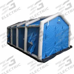 FSI Decontamination Shower: 3 Stations, 12 Spray Heads, Enclosed, Inflatable, 9 ft x 13 ft x 20 ft (MPN DAT3060S). Key specifications — Color: Blue; Includes: Integrated Containment Pool; Brand: FSI.