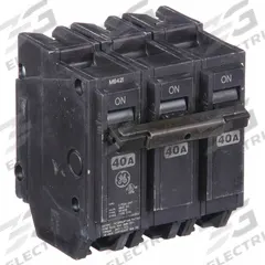 GE Miniature Circuit Breaker: THQL, 40 A, 120/240V AC, Three Phase, 10kA at 120/240V AC, Std (MPN THQL32040). Key specifications — Amps: 40 A; AC Voltage Rating: 120/240V AC; Phase: Three; Max. AIR Rating: 10kA at 120/240V AC; For Use With: Power Mark Gold Load Centers and AQ Lighting Panels.