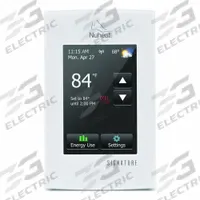 NUHEAT Electric Floor Heater Thermostat: 3 in Overall Wd, 120/240V AC, 41° to 104°F, Touch Screen (MPN Signature). Key specifications — Thermostat Control Type: Touch Screen; Voltage: 120/240V AC; Thermostat Control Range: 41° to 104°F; Brand: NUHEAT.