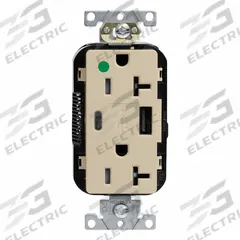 USB Receptacle: Decorator Duplex, 5-20R, USB Type A/C, Ivory, 125V AC, 20 A (MPN M58AC-HGI). Key specifications — Brand: LEVITON.