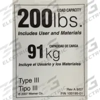 WERNER Duty Rating Label Replacement, 200 lb.: For 4XN47/4XN54/4XN55, For 244,264,265 (MPN LDR200). Key specifications — For Use With Grainger Item Number: 4XN55; For Use With Mfr. Model Number: 244,264,265; Fits Brand: Werner; Product Type: Duty Rating Label Replacement, 200 lb.; Brand: WERNER.
