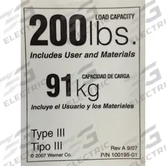 WERNER Duty Rating Label Replacement, 200 lb.: For 4XN47/4XN54/4XN55, For 244,264,265 (MPN LDR200). Key specifications — For Use With Grainger Item Number: 4XN55; For Use With Mfr. Model Number: 244,264,265; Fits Brand: Werner; Product Type: Duty Rating Label Replacement, 200 lb.; Brand: WERNER.