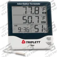 TRIPLETT Indoor/Outdoor Temperature Indicator: 10%to 99% Humidity Range, Humidity/Temp/Time (MPN TM020). Key specifications — Primary Scale: Humidity/Temperature/Time; Display Type: Digital; Brand: TRIPLETT.