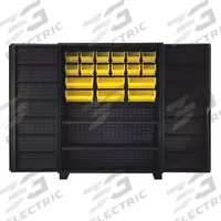 JAMCO Bin Cabinet: 60 in x 24 in 78 in, 14 Shelves, 18 Bins, Yellow, Deep Box, 14 ga Panel, Black (MPN DW260BL). Key specifications — Bin Color: Yellow; Bin HxWxD: (6) 7 in x 16-1/2 in x 14-3/4 in; Assembled: Assembled; Cabinet Style: Shelf and Bin; Brand: JAMCO; Cabinet Color: Black; Cabinet Finish: Powder Coated; Cabinet Material: Steel.