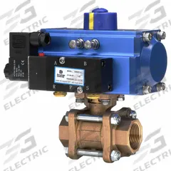 DYNAQUIP CONTROLS Pneumatically Actuated Two-Way Ball Valve: 1 1/2 in Size, Bronze, FNPT x FNPT (MPN PVA67AMSR07512A). Key specifications — Brand: DYNAQUIP CONTROLS; Pilot Solenoid Voltage: 115V AC.