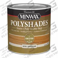 MINWAX Wood Stain: Wood Stain and Sealer, Interior, Oil, 0.5 pt Container Size, Wood, Satin, 1 Step (MPN 213704444). Key specifications — Brand: MINWAX; Transparency: Semi-Transparent; Use Location: Interior; Sheen: Satin; Sub-Brand: PolyShades; Color: Classic Oak.
