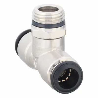 AIGNEP USA Push-Fit Tee Fitting: 14 mm OD x 14 mm OD x 1/2 in Pipe Size, Nickel, Silver - Nickel-Plated Brass Tube Fittings