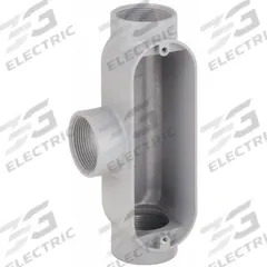 Conduit Outlet Body: Aluminum, 2 in Trade Size, T Body, 67 cu in Body Capacity, Threaded Hub (MPN T200). Key specifications — Finish: Powder Coated; For Use With: RMC; Brand: RACO; Hub Style: Threaded.