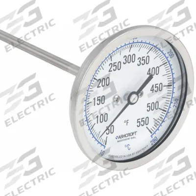 ASHCROFT Dial Thermometer: 50°F to 550°F /10°C to 290°C, ±1% Accuracy, 9 in Stem Lg - Back-Mount Fixed-Angle Thread-Mount Dial Thermometers