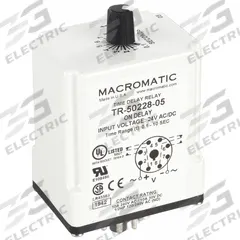 MACROMATIC Single Function Time Delay Relay: Socket Mounted, 24V AC/DC, 10 A, 8 Pins/Terminals (MPN TR-50228-05). Key specifications — Brand: MACROMATIC.