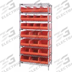 QUANTUM STORAGE SYSTEMS Bin Shelving: 36 in x 21 in x 74 in, 1 Sided, 24 Bins, Open, Shelf Bin (MPN WR8-483485OR). Key specifications — Includes Bins: Yes; Bin Material: Polypropylene; Frame Color: Silver; Bin HxWxD: (12) 7 in x 11 in x 20-1/2 in; Frame Material: Steel; Bin Color: Orange; Bin Style: Shelf; Brand: QUANTUM STORAGE SYSTEMS.