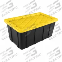 STERILITE Storage Tote: 38 gal, 37 1/2 in x 21 5/8 in x 15 7/8 in, Black Body, Yellow Lid, Yellow (MPN 50679Y04). Key specifications — Material: Plastic; Body Color: Black; Lid Color: Yellow; Brand: STERILITE; NSF Certified: Not NSF Certified; Nestable: Nesting Capable.