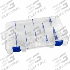 FLAMBEAU Compartment Box: 10 7/8 in x 7 1/4 in x 1 3/4 in, Clear, 24 Compartments, 10 Adj Dividers (MPN 4007). Key specifications — ESD Conductive: Not Electrostatic Discharge Conductive; Color: Clear; Compartment WxD: 1-1/2 in x 1-1/2 in; Brand: FLAMBEAU; Material: Plastic.