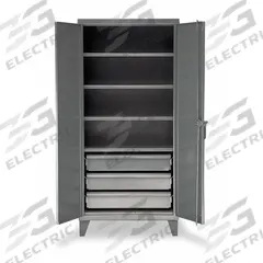 STRONG HOLD Storage Cabinet: 36 in x 24 in x 78 in, Swing Handle & Padlock Hasp, 12 ga Panel Thick (MPN 36-244-3DB). Key specifications — Cabinet Color: Dark Gray; Method of Construction: Welded; Base Type: Legs; Assembled: Assembled; Mobility: Stationary; Adjustable Shelves: (4) Adjustable; Cabinet Finish: Baked Enamel; Cabinet Material: Steel.