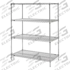 METRO Wire Shelving Unit: Starter, 72 in x 24 in, 86 in Overall Ht, 4 Shelves, Split Sleeve, Dry (MPN 86P-4,2472NC-4). Key specifications — Recommended Environments: Dry; Color: Silver; Finish: Chrome; Material: Steel; Brand: METRO.