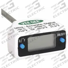 VEE GEE Digital Thermometer: 14°F to 212°F /-10°C to 100°C, ±0.5°C/±1°F, 0.1°F /0.1°C (MPN 83110). Key specifications — Brand: VEE GEE; Accuracy: ±0.5 °C.