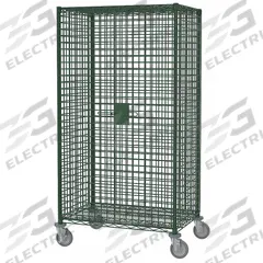 METRO Security Cart: 900 lb, 36 in L x 24 in W Self, 41 in L x 28 in W x 69 in H Overall Dim, Green (MPN SEC53DK3). Key specifications — Shelf Type: Adjustable; Caster Brake Type: No Brake Included; Brand: METRO; Caster/Wheel Configuration: (4) Swivel; Shelves Included: None.