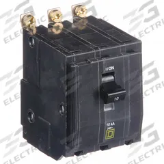 SQUARE D Miniature Circuit Breaker: 10 A, 120/240V AC, Three Phase, 10kA at 120/240V AC, 3 Poles (MPN QOB310). Key specifications — Phase: Three; Amps: 10 A; AC Voltage Rating: 120/240V AC; Max. AIR Rating: 10kA at 120/240V AC; For Use With: Square D NQOD Panelboards; Brand: SQUARE D.