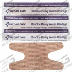 FIRST AID ONLY Adhesive Bandage: Knuckle Bandages, 1 1/2 in Wd, 3 in Lg, Not Metal Detectable (MPN 1-850). Key specifications — Product Type: Knuckle Bandages; Unitized: Unitized; Water Resistance: Not Water Resistant; Brand: FIRST AID ONLY; Latex Content: Latex Free; Metal Detectable: Not Metal Detectable; Package Type: Box; Manufacturer Part Number: 1-850.
