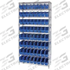 QUANTUM STORAGE SYSTEMS Bin Shelving: 36 in x 12 in x 74 in, 1 Sided, 64 Bins, Open, Shelf Bin, Blue (MPN WR9-201BL). Key specifications — Includes Bins: Yes; Bin Material: Polypropylene; Frame Color: Silver; Bin HxWxD: (64) 6 in x 4-1/8 in x 11-5/8 in; Frame Material: Steel; Bin Color: Blue; Bin Style: Shelf; Brand: QUANTUM STORAGE SYSTEMS.