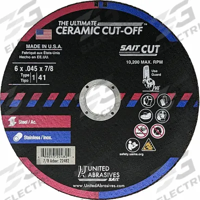 UNITED ABRASIVES-SAIT Abrasive Cutting Wheel: Type 1, 6" x 0.045" x 7/8", Ceramic, 60 Grit - Cool-Cutting Cut-Off Wheels for Carbon & Stainless Steel