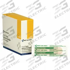 FIRST AID ONLY Adhesive Bandage: Strip Bandages, 1 in Wd, 3 in Lg, Not Metal Detectable, Plastic (MPN G106). Key specifications — Product Type: Strip Bandages; Unitized: Unitized; Water Resistance: Water Resistant; Brand: FIRST AID ONLY; Latex Content: Latex Free; Metal Detectable: Not Metal Detectable; Package Type: Box; Manufacturer Part Number: G106.
