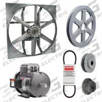 Exhaust Fan with Drive Package: Belt Drive, 48 in Blade, 3 hp, 33,223 cfm, 115/230V AC, 1 ph (MPN 7M8E4). Key specifications — Frame Finish: Zinc Plated; Assembled: Unassembled; Brand: DAYTON; Nameplate Voltage: 115/230V AC; Frame Material: Steel; Guard Type: None; Motor Insulation: Class F; Motor Enclosure: Totally Enclosed Fan Cooled.