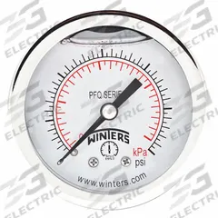 WINTERS Panel-Mount Pressure Gauge: Front Flange, 0 psi to 15 psi, 2 in Dial, 1/8 in NPT Male, PFQ (MPN PFQ2434-DRY-2FF). Key specifications — Accuracy: ±2.5%; Brand: WINTERS; Vibration Resistance Properties: Field-Fillable; Gauge Wetted Parts: Brass / Bronze.