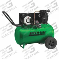 SPEEDAIRE Portable Air Compressor: Oil Lubricated, 20 gal, Horizontal, 3 hp, 10.2 cfm @ 90 psi (MPN 1NNF7). Key specifications — attr48686: Oil Lubricated; attr48685: 240V AC; attr48678: 15.7 A; attr48671: SPEEDAIRE; attr124308: Standard (75 dBA or more).
