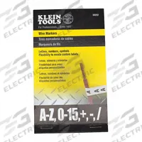 KLEIN TOOLS Individual Wire Marker: 0 to 15/A to Z/(/) Forward Slash/(-) Minus/(+) Plus (MPN 56253). Key specifications — Legend: (-) Minus; Label Material: Vinyl Coated Cloth; Brand: KLEIN TOOLS; Color: Black on White.