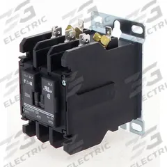 EATON Definite Purpose Magnetic Contactor: 3 Poles, 208-240V AC, 30 A, Non-Reversing (MPN C25DNY130). Key specifications — Brand: EATON; Coil Voltage: 208/240V AC; Contactor Style: HVACR Definite Purpose Contactor; Frame Size: A; Series: C25 Series; Phase: Three; Main Pole Contact Form: 3NO.