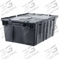 ORBIS Attached Lid Tote: 9.7 gal, 21 7/8 in x 15 1/4 in x 9 1/4 in, Black Body, Black Lid, Plastic (MPN FP143 Black Recycled). Key specifications — attr1188613: Plastic; attr1188631: ORBIS.