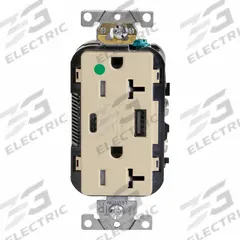 USB Receptacle: Duplex, 5-20R, 1 USB Ports, USB Type A/C, Ivory, 125V AC, 20 A (MPN T5833-HGI). Key specifications — Brand: LEVITON.