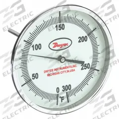 DWYER Glow-in-the-Dark Dial Thermometer: 0°F to 300°F, +/- 1% Accuracy, 5 in Dial Dia, Male (MPN GBTA590151). Key specifications — attr1275048: +/- 1%; attr1275052: DWYER.