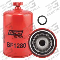 BALDWIN FILTERS Fuel Filter: Spin-On, 3 11/16 in Outside Dia, 13/16"-18 Thread Size, Cellulose (MPN BF1280). Key specifications — attr1137520: BF1280; attr1137521: FS1280; attr434022: BALDWIN FILTERS; attr427730: Cellulose; attr427731: Furnished Gasket; attr1017112: Buses; attr1017113: Cummins.