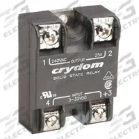 CRYDOM Solid State Relay: Surface Mounted, 25 A Max Output Current, SCR, AC Output (MPN D2425). Key specifications — Brand: CRYDOM; Current Type: AC; Electrical Connection: Screw Clamp; Finger Safe: No; Input Current: 12 mA; Maximum Output Current without Heat Sink: 16 A; Mounting Style: Panel; Output Voltage: 24 to 280V AC.