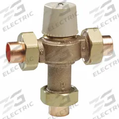 WATTS Thermostatic Mixing Valve: 3/4 in Inlet Connection Size, 3/4 in Outlet Connection Size, Brass (MPN 3/4 LF MMV-US). Key specifications — attr1037830: Solid Wax Hydraulic Principle Thermostat; attr1037827: WATTS.
