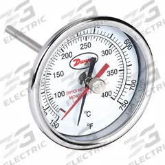 DWYER Min/Max Dial Thermometer: 150°F to 750°F to 65.5°C to 398.9°C, +/- 2% Accuracy, 3 in Dial Dia (MPN BTM3258D). Key specifications — Brand: DWYER; Accuracy: +/- 2%.